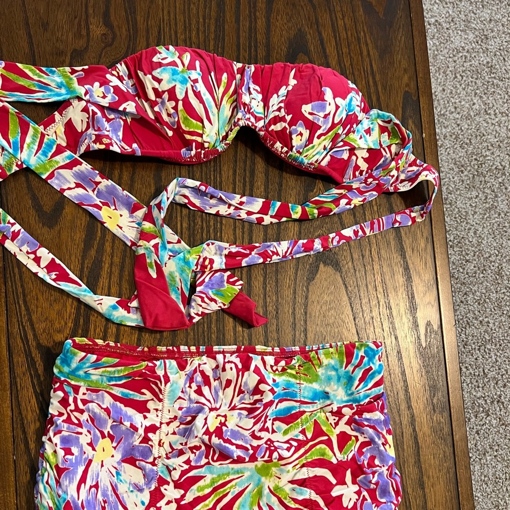 Nanette Lepore 2 Piece Red High Waist Floral Bikini Swimsuit Size Small